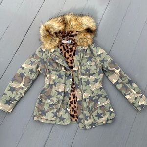 Vintage Havana Girls Star Camouflage Leopard Faux Fur Lined with Hood Jacket